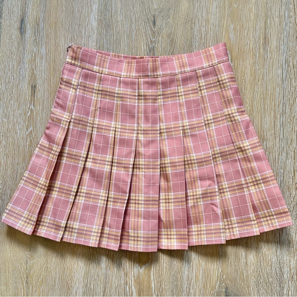 Plaid Pink Yellow Pleated Skirt Built In Shorts Skort Retro Schoolgirl Academia - Picture 10 of 11